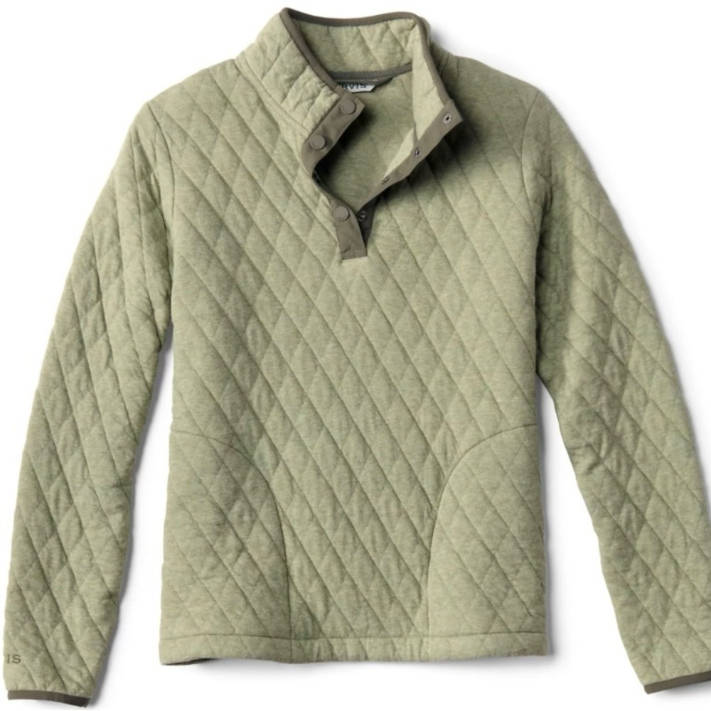Orvis Quilted Snap Pullover Green Cotton Blend Side Zip Pockets Sz S